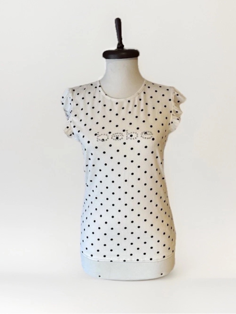 Bebe white /black polka dot ribbed bling top